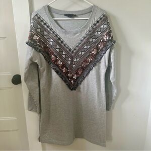 Boston Proper Boho Embroidered Sequin Mini Sweatshirt Dress Grey Fall Winter
